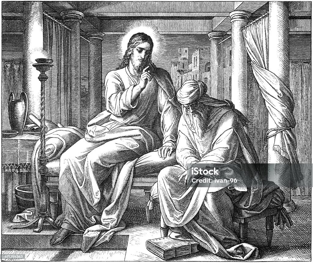 Jesus Teaches Nicodemus Engraving by Julius Schnorr von Carolsfeld (March 26, 1794 - May 24, 1872) Jesus Christ stock illustration