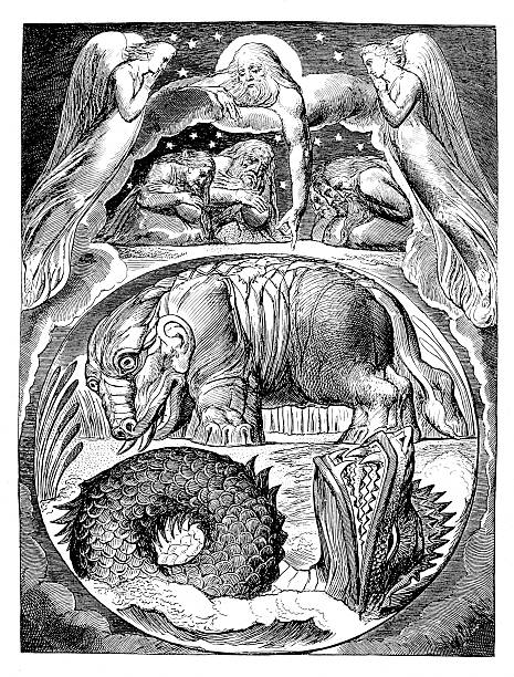 Old bible engraving &quot;Behemoth and Leviathan&quot; Job "Behold now Behemoth which I made with thee (Job 40:15) or Behemoth and Leviathan" biggest stock illustrations