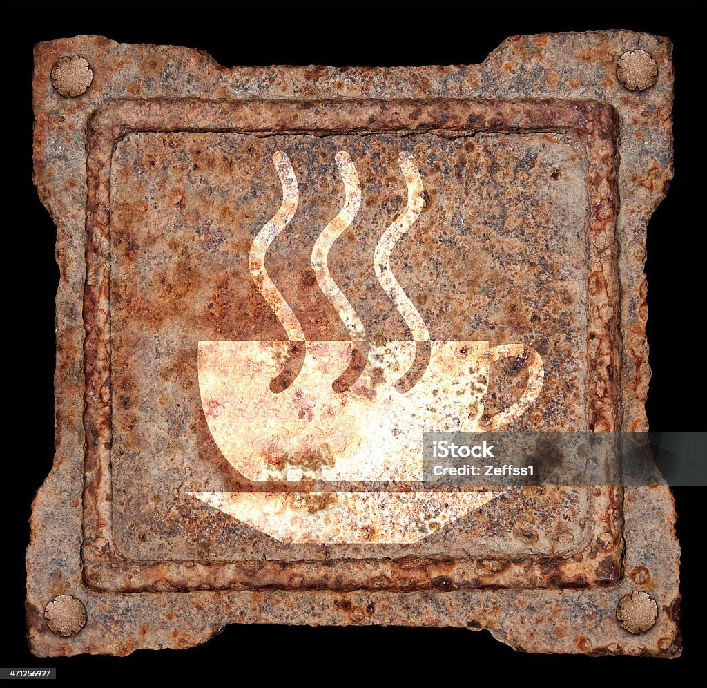 Taza de café, icono old metálico aislado sobre fondo negro - Foto de stock de Antigualla libre de derechos
