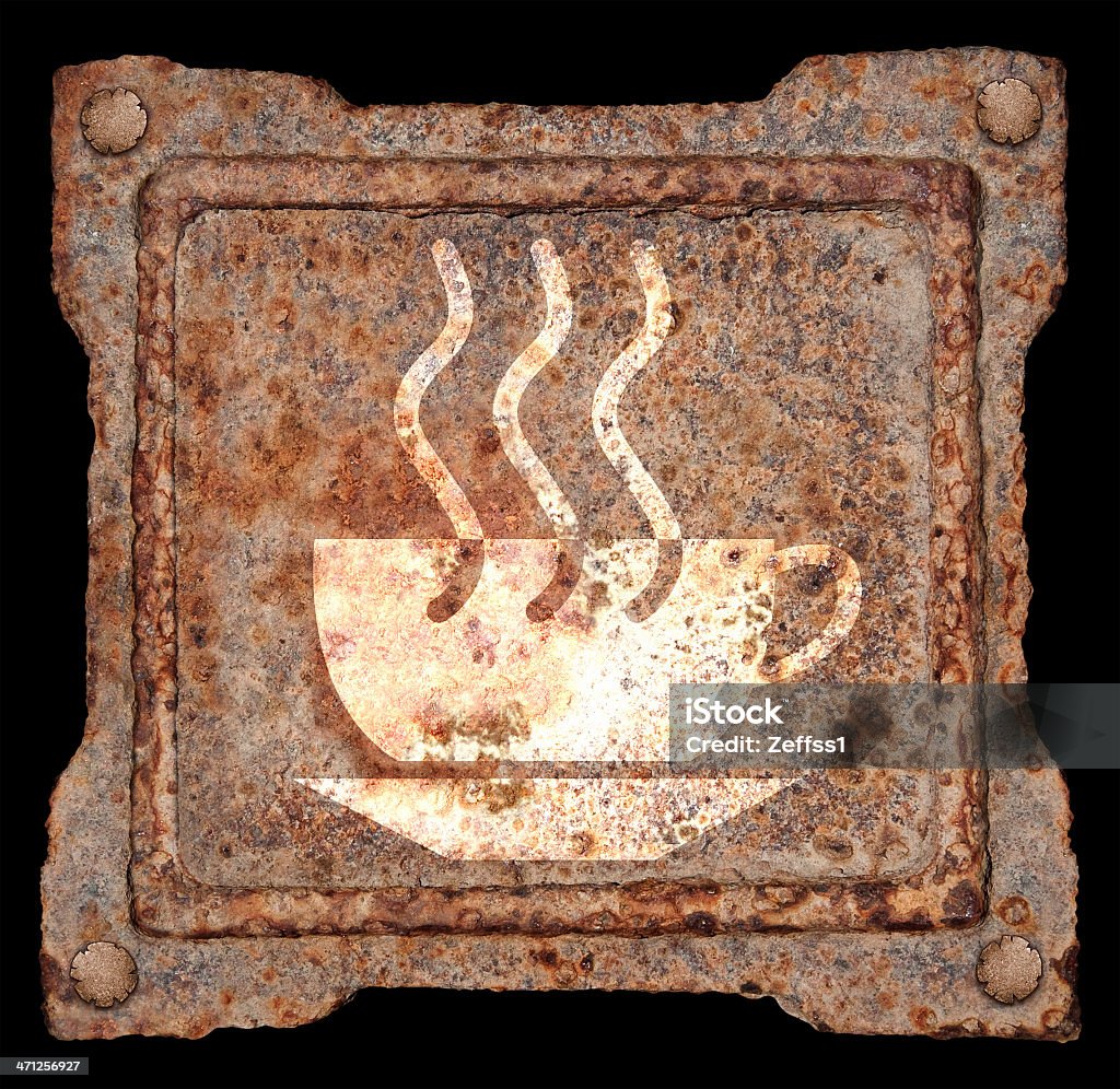 Xícara de café, ícone de metal isolado no fundo preto - Royalty-free Antigo Foto de stock