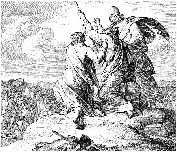 Aaron Holding Moses' Arm Engraving by Julius Schnorr von Carolsfeld (March 26, 1794 - May 24, 1872) spiritual warfare stock illustrations