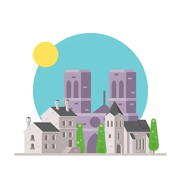 Vector illustration of Flat design of Notre Dame France with village