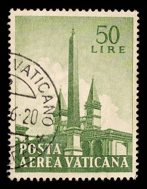 Canceled vintage Vatican 50 lire postage with postmark showing the word 