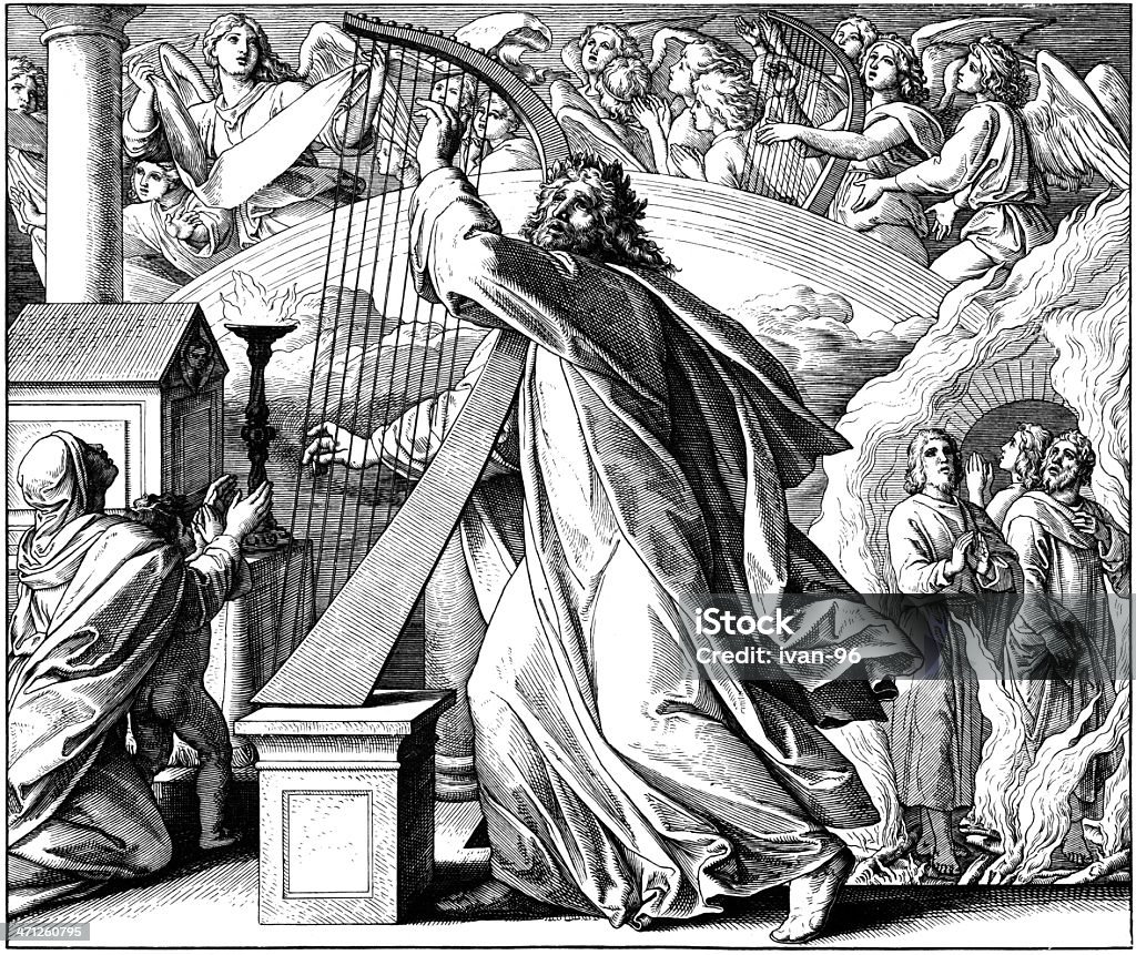 Psalmist David: Praise &amp; Thanks Engraving by Julius Schnorr von Carolsfeld (March 26, 1794 - May 24, 1872) Bible stock illustration