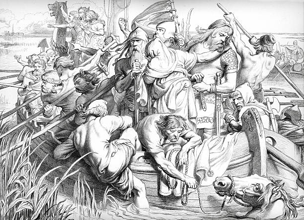 Hereward the Wake Vintage engraving showing a scene from the story of the Anglo-Saxon English hero Hereward the Wake. How Hereward departed from Ely and how he killed the mare "Swallow". ely england photos stock illustrations