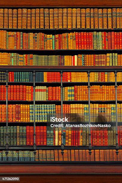 Wooden Vintage Bookshelf With Antique Books Stock Photo - Download Image Now - Library, Backgrounds, Law