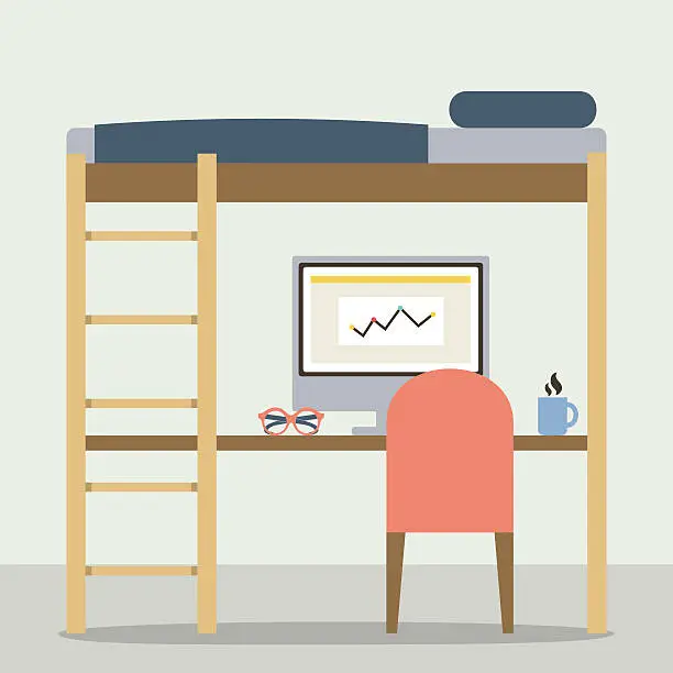 Vector illustration of Flat Design Empty Bunk Bed With Workspace