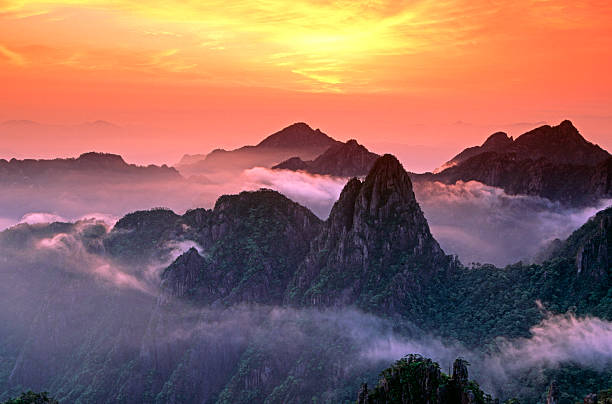 misty sunrise over Mount Huangshan a spectacular warm, hazy sunrise over the North Sea area of Mount Huangshan. Cloud swirls drifting around "Ascending Peak" have picked up the colours of the sunrise whilst the front of the mountain and the green Huangshan Pines in particular, have been lit by light reflecting off the low cloud (behind the camera). Fujichrome Velvia 50 transparency scanned on Imacon 949. anhui province stock pictures, royalty-free photos & images