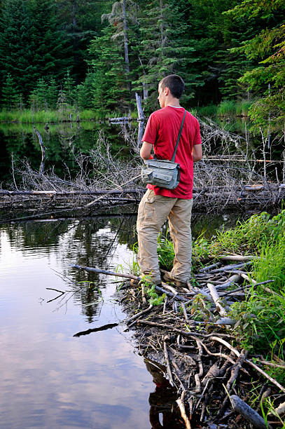 Teen Fisherman Targets Trout in Mountain Beaver Pond Nineteen year old male fishing from atop a beaver damn for trout on an unnamed beaver pond in Pittsburg, NH. This location found alongside a trail used by snowmobiles, ATVs, and other OHRVs. Photo taken in the "north country" of Coos (Koh-oSS) County, NH. mike cherim stock pictures, royalty-free photos & images