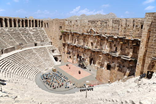 El Jem, Tunisia - June 17, 2019: Amphitheatre of El Jem in Tunisia. Amphitheatre is in the modern-day city of El Djem, Tunisia, formerly Thysdrus in the Roman province of Africa. It is listed by UNESCO since 1979 as a World Heritage Site