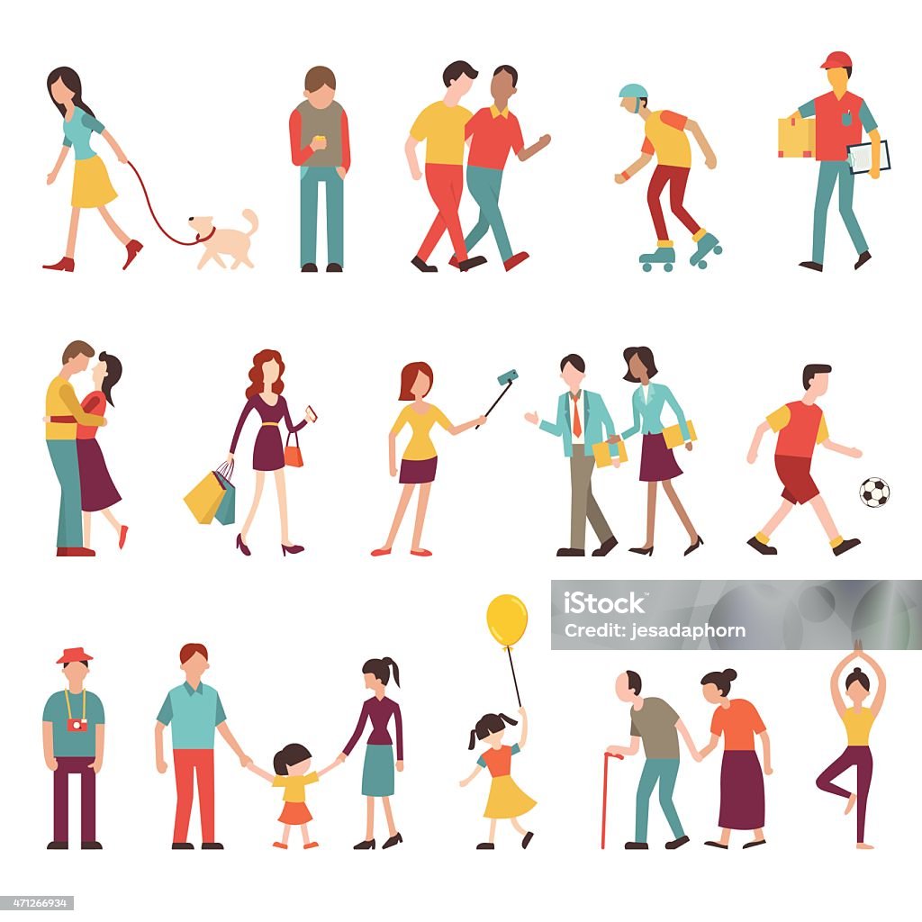 People in various lifestyles People in various lifestyles, businesspeople, woman walking to the dog, teenager, hipster, friends, sportman, woman doing yoga, homosexual, couple, lovers, family. Character set with flat design style. People stock vector