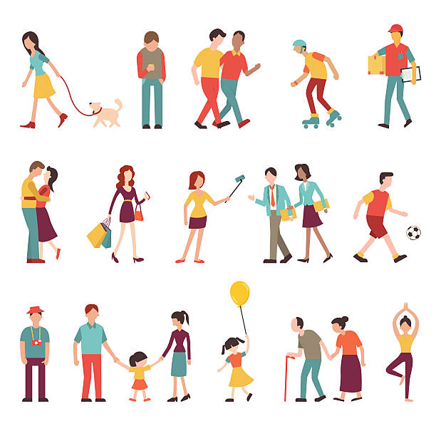 People in various lifestyles People in various lifestyles, businesspeople, woman walking to the dog, teenager, hipster, friends, sportman, woman doing yoga, homosexual, couple, lovers, family. Character set with flat design style. full length illustrations stock illustrations