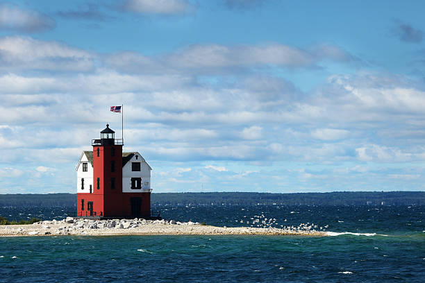 old Round island point lighthouse stock photo