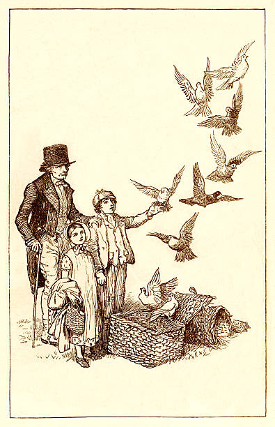 ilustraciones, imágenes clip art, dibujos animados e iconos de stock de randolph caldecott ilustración de hombre viejo, niños y las aves - 1884