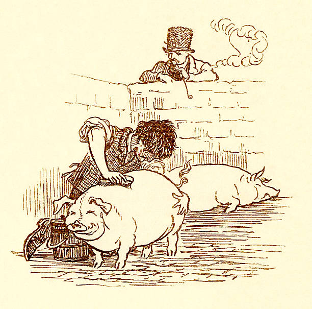 рэндольф caldecott-работник фермы скрести a ухмыляться свинья - randolph caldecott stock illustrations