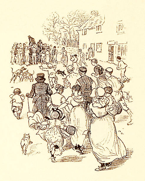 Inhabitants of an English village rushing to greet  someone who has just arrived in a wagon. An illustration by Randolph Caldecott from 