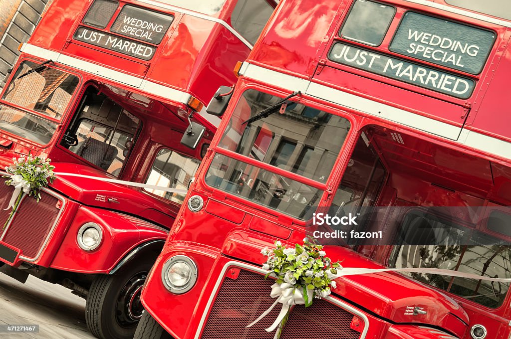 "Just Married"  (London) Double Decker buses with just married sign in London. Wedding Stock Photo
