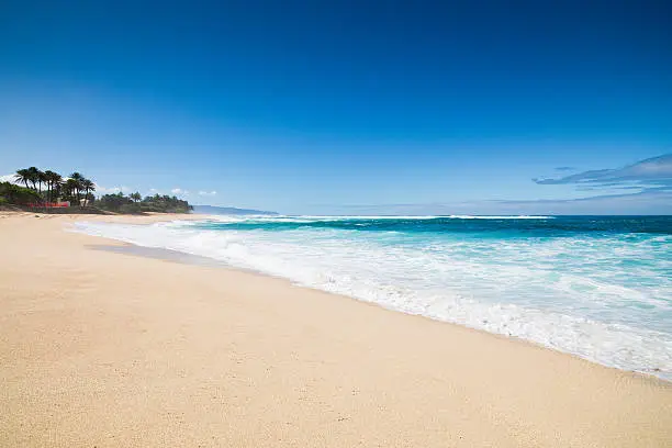 Beautiful empty white sandy beach, pacific waves splashing towards the long beach. Oahu, Hawaii, USA.