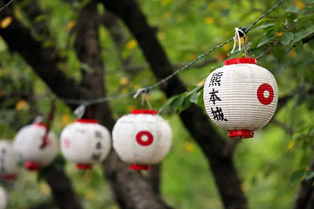 Japanese paper lantern at Kumamoto castle (Kumamoto, Kyushu, Japan) against tree and green leaf.