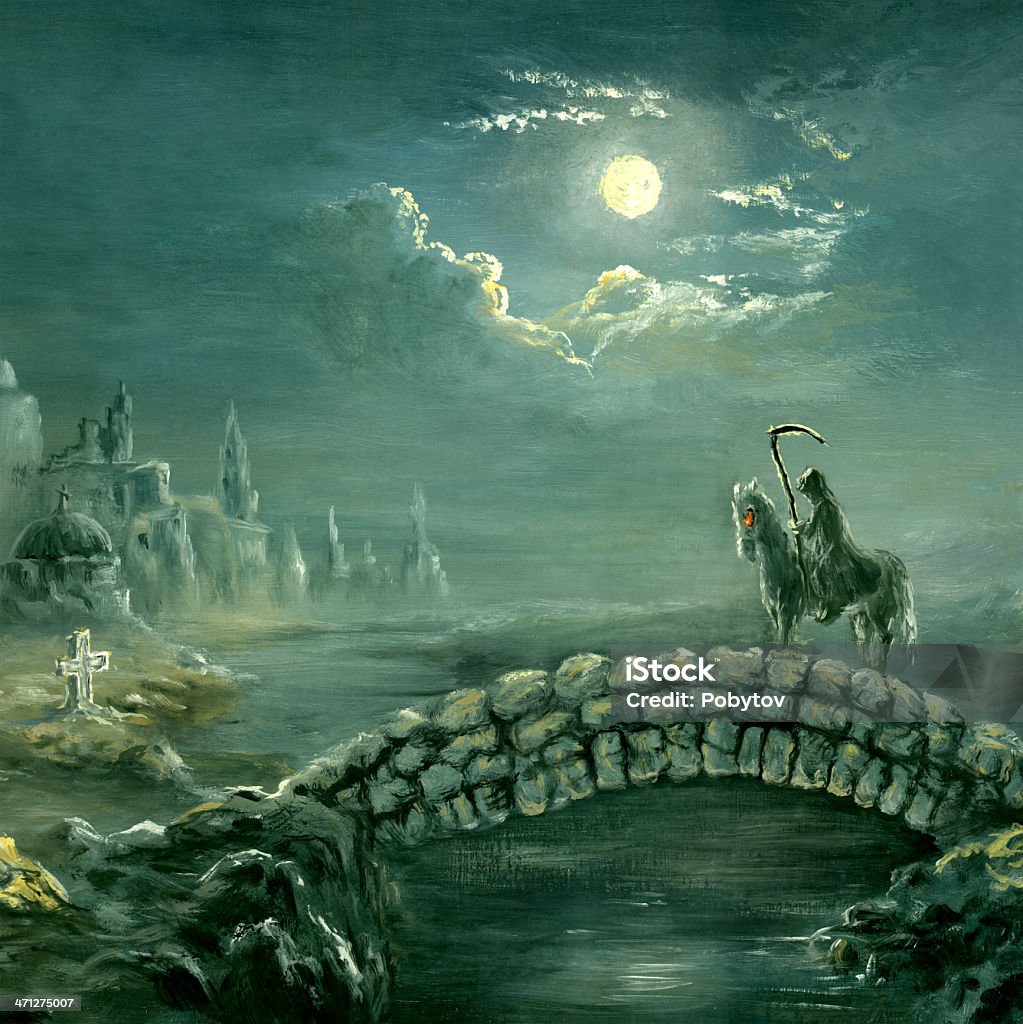 Gothic Medieval night landscape with horseman - death Spooky stock illustration