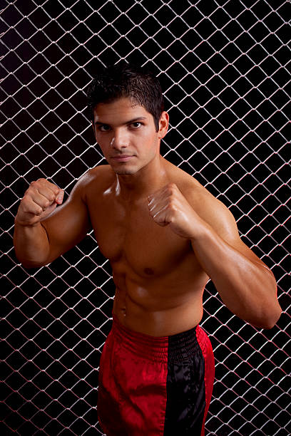 istock Mixed martial artist posed in front of chain link 471277231