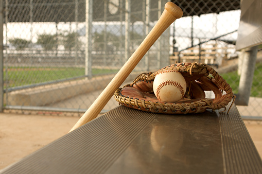 Baseball Bat Glove and Ball on the Bench