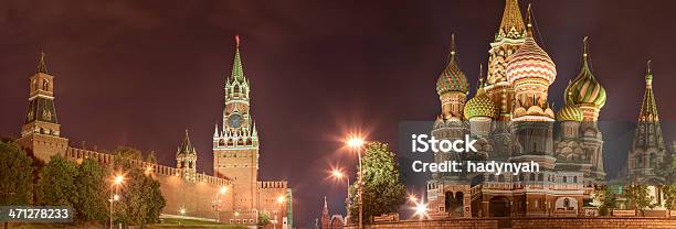 The Kremlin And Saint Basils Moscow At Night Panorama Stock Photo - Download Image Now