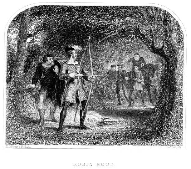 Robin Hood Vintage engraving from 1874 showing Robin Hood the heroic outlaw of Sherwood Forest in English folklore. A highly skilled archer and swordsman, he is known for "robbing from the rich and giving to the poor," assisted by a group of fellow outlaws known as his "Merry Men." sherwood forest illustrations stock illustrations
