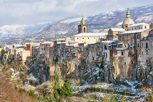 The fortified city of Sant'Agata de' Goti after a light a snow fall. Province of Benevento. Campania. Italy.