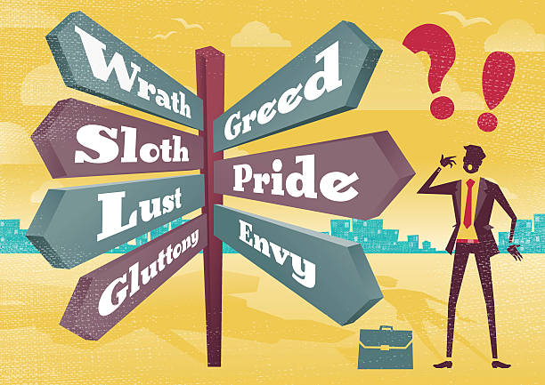 Businessman Contemplates 7 Deadly Sins Sign Post Dilemma. vector art illustration