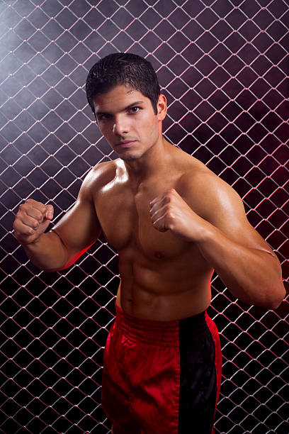 istock Mixed martial artist posed in front of chain link 471283255