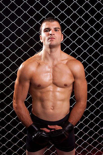 istock Mixed martial artist posed in front of chain link 471283261