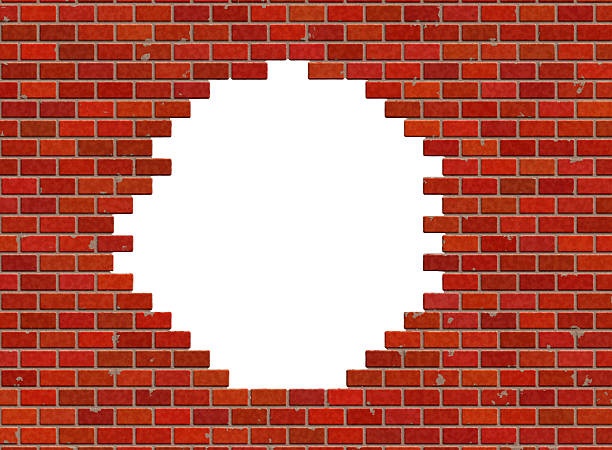 hole in hi-res red small brick wall pattern stock photo