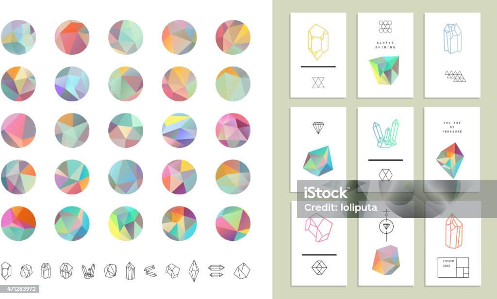 Colored crystal circles in polygon style with geometric shapes. Trendy hipster retro backgrounds and logotypes plus collection of cards. Circle stock vector