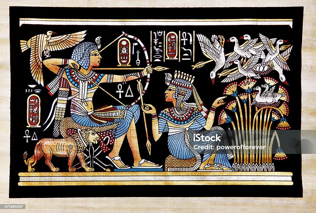 Папирус демонстрирующую Tutankhamon Охота на птиц - Стоковые иллюстрации Погребальная маска Тутанхамона роялти-фри