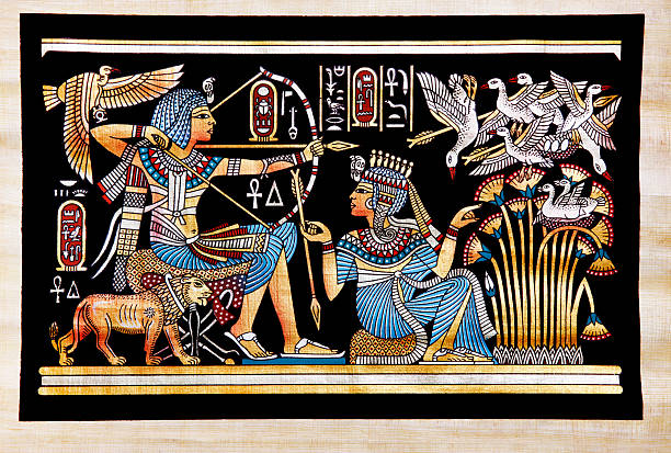 Papyrus Depicting Tutankhamon Hunting Birds King Tut had many pictures describing his love to hunting; in this papyrus painting we can see him sitting on his chair and using his bow to hunt birds. Also we can see his wife Ankhesenamun in front of him giving him the arrows and helping him to find the birds in the lotus flowers, artist unknown (circa 1300BC). ancient egyptian art stock illustrations