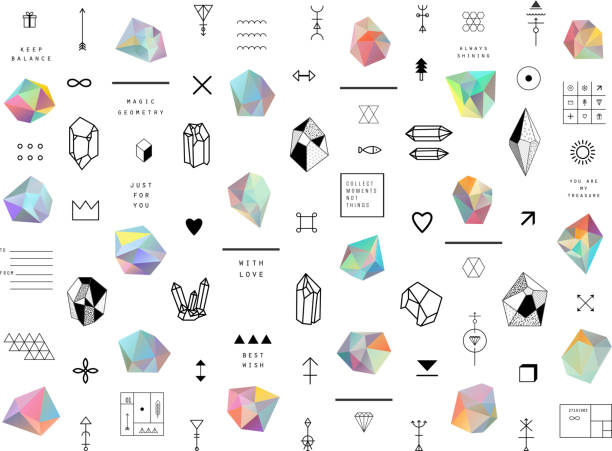 Set of colored crystals in polygon style with geometric shapes. Trendy hipster retro backgrounds and logotypes diamond gemstone stock illustrations