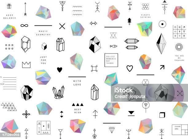 Set Of Colored Crystals In Polygon Style With Geometric Shapes Stock Illustration - Download Image Now