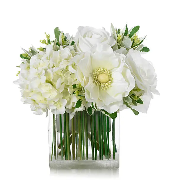 Photo of White rose, hydrangea and anemone bouquet on white background