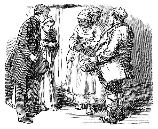 Afro-Caribbean woman being introduced An West Indian lady being introduced to a group of Europeans. An illustration of a children's nurse from "The Babes in the Basket or Daph and Her Charge" by C. E. Bowen, publ. T Nelson & Son, 1873. The story relates how she was rescuing the children in her charge from an uprising on the island and smuggling them away on a Yankee ship.  american slavery stock illustrations