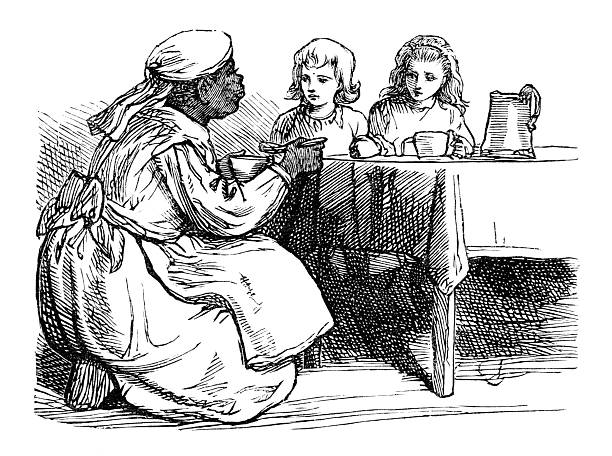 Victorian Afro-Caribbean nanny giving the chidren their supper An illustration of a West Indian children's nurse from "The Babes in the Basket or Daph and Her Charge" by C. E. Bowen, publ. T Nelson & Son, 1873. The story relates how she was rescuing the children in her charge from an uprising on the island and smuggling them away on a Yankee ship. Here she is giving the children a meal. african slaves stock illustrations