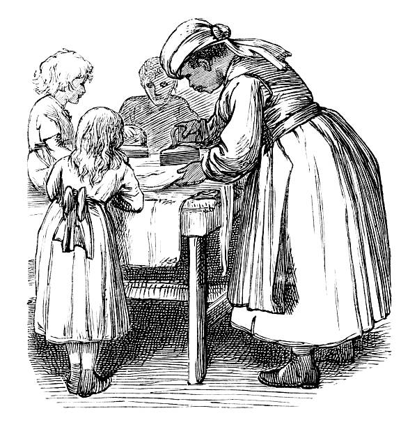 Victorian Afro-Caribbean woman doing the ironing with children An illustration of a West Indian children's nurse from "The Babes in the Basket or Daph and Her Charge" by CE Bowen, publ. T Nelson & Son 1873. The story relates how she rescued the children in her charge from an uprising on the island and smuggled them away on a Yankee ship. Here she is doing the ironing with the children. drawing of slaves working stock illustrations
