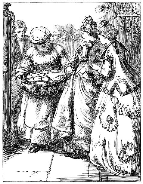 Victorian Afro-Caribbean woman selling from a basket An illustration of a West Indian woman from "The Babes in the Basket or Daph and Her Charge" by C. E. Bowen, publ. T Nelson & Son, 1873.  slave market stock illustrations