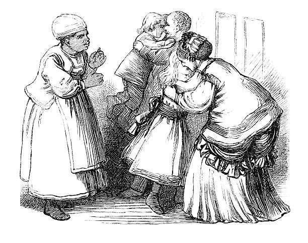 Victorian family with their Afro-Caribbean nanny An illustration of a West Indian children's nurse from "The Babes in the Basket or Daph and Her Charge" by C. E. Bowen, publ. T Nelson & Son, 1873. The story relates how she rescued the children in her charge from an uprising on their island and smuggled them off on a Yankee ship. Here the family is reunited while she looks on. family reunion images pictures stock illustrations