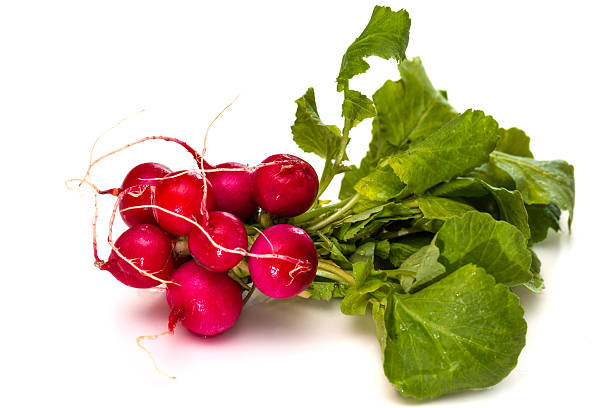 istock Fresh red radishes with green tops isolated on white background 471286550