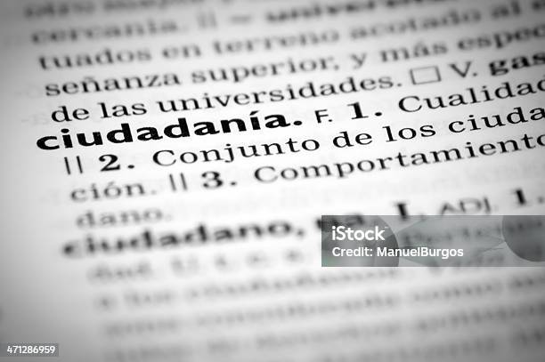 Spanish Definition Of Citizenship Stock Photo - Download Image Now - Dictionary, Horizontal, Image Focus Technique