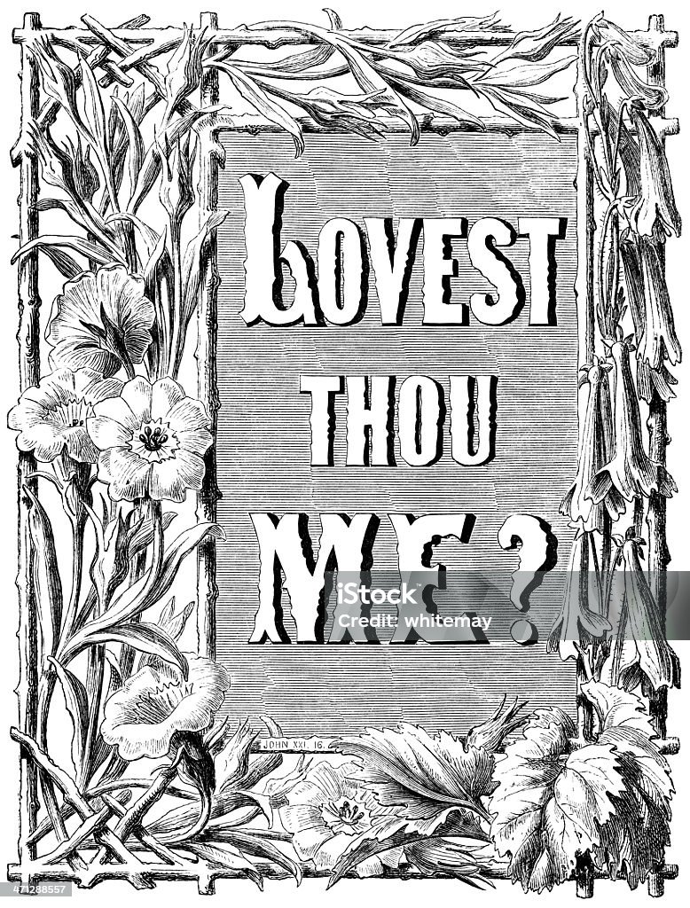 Lovest Thou Me? (Victorian religious text) "Lovest Thou Me?" Bible quotation from the Gospel of John XXI.16, surrounded by a floral Victorian border from "The Children's Friend" Vol XIII, published by Seeley, Jackson & Halliday, S.W Partridge & Co. in 1873. 19th Century Style stock illustration