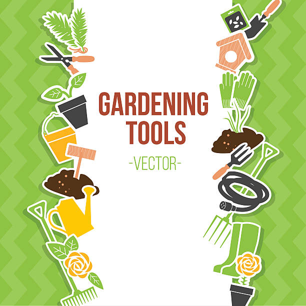ilustraciones, imágenes clip art, dibujos animados e iconos de stock de conjunto de herramientas de jardinería, ilustración vectorial - herramientas jardineria