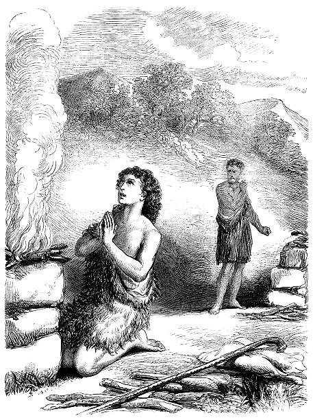 Offering of Cain and Abel (Victorian illustration) Brothers Cain and Abel, sons of Adam and Eve from the Book of Genesis 4.1-16. Cain felt that God preferred Abel to himself and became so obsessed with the idea that he killed his brother, thus making him "the first martyr". Illustration from "The Children's Friend" Vol XIII, published by Seeley, Jackson & Halliday, S.W Partridge & Co. in 1873. drawing of a man kneeling in prayer stock illustrations
