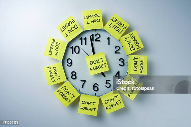 Wall Clock With Dont Forget Notes All Over Stock Photo - Download Image Now - Reminder, To Do List, Deadline